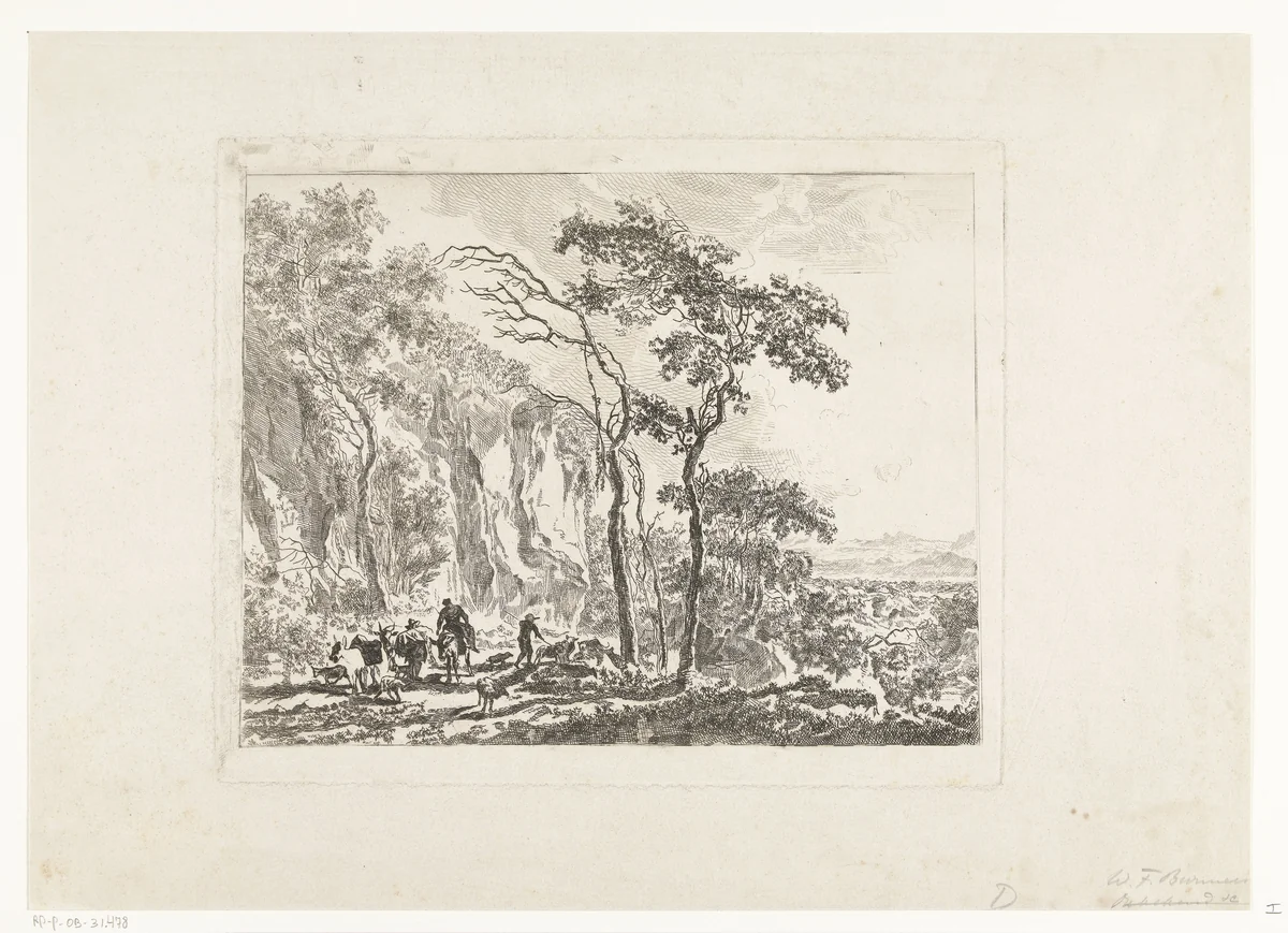 Landschap met herders by Friedrich Wilhelm Burmeister, print, 1855-1915