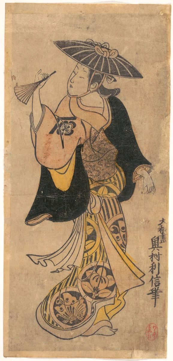 Actor Sanjo Kantaro (1697–1763) as a Woman by Okumura Toshinobu, print, 1720-1740