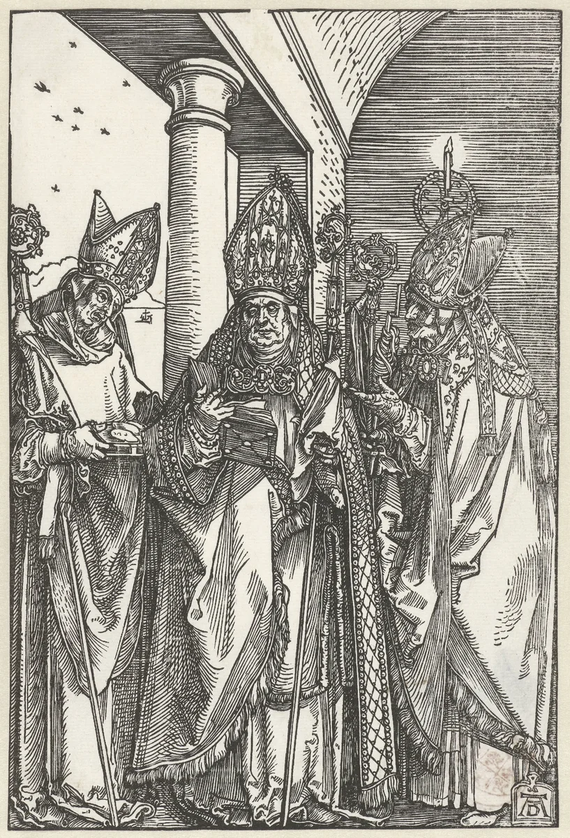 De Heilige Nicolaas, Ulrich van Augsburg en Erasmus by Unknown, print, 1503-1507