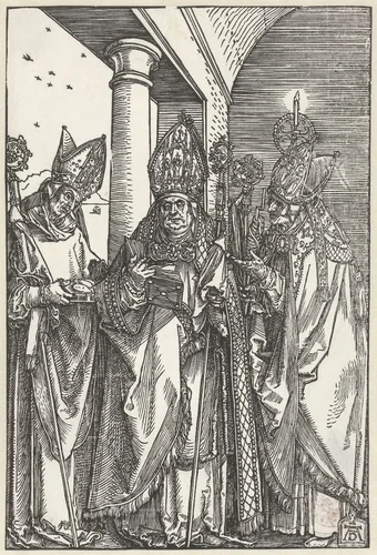 De Heilige Nicolaas, Ulrich van Augsburg en Erasmus by Unknown, print, 1503-1507