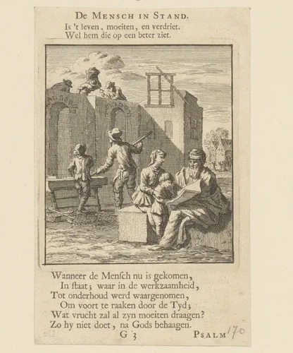 Bouwen van een huis by Jan Luyken, print, 1712