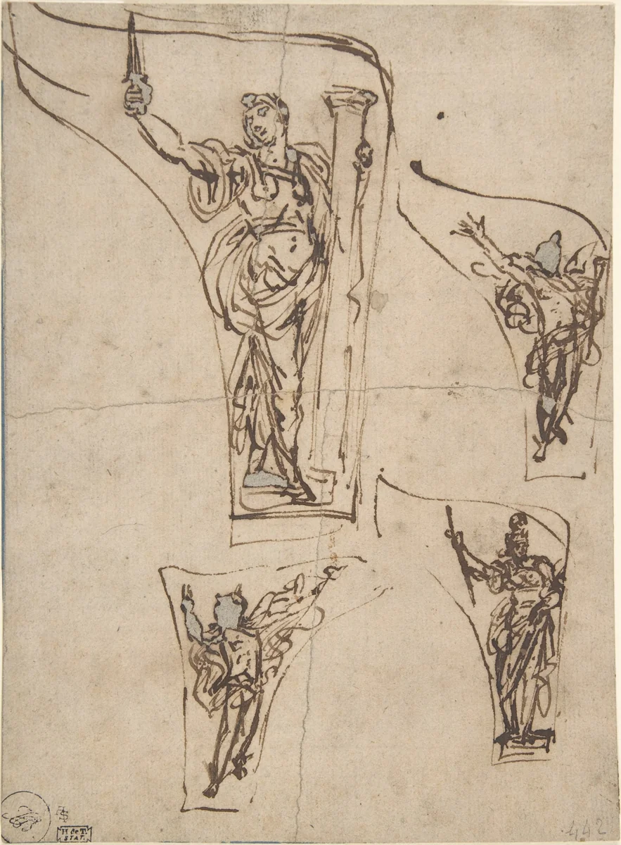 Studies for a Decorative Object (Banner or Pendentive?) Representing Allegorical Figures, One of Which Appears to Be Fortitude by anonymous, drawing, 1600-1700