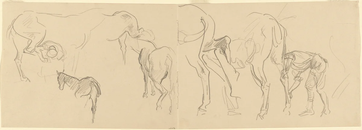 Studies for "Shoeing Calvary Horses at the Front" [recto] by John Singer Sargent, drawing, 1918