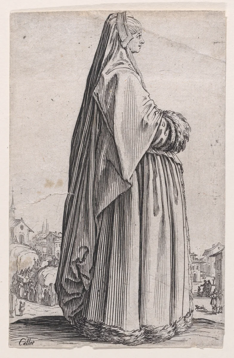 La Dame Coiffée d'un Grand Voile et a la Robe Bordée de Fourrures (The Lady with a Large Veil and with a Fur-Lined Robe), from "La Noblesse" (The Nobility) by Jacques Callot, print, 1618-1628