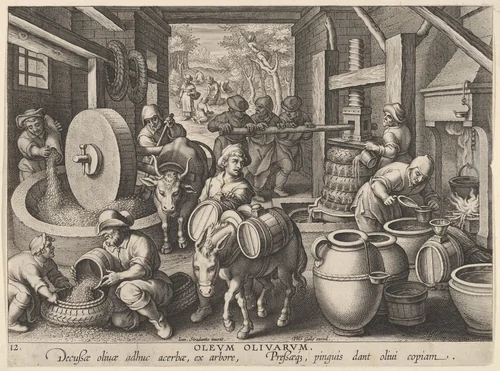 New Inventions of Modern Times [Nova Reperta], The Invention of the Olive Oil Press, plate 12 by Jan Collaert, print, 1595-1605
