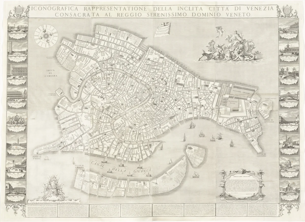 Iconografica Rappresentatione della Inclita Città di Venezia (Iconongraphic Representation of the Illustrious City of Venice) by Sebastiano Ricci
Lodovico Ughi
Giovanni Antonio Faldoni
Francesco Zucchi
Luca Carlevariis
Giuseppe Baroni, print, 1729