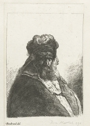 Bearded old man in a high fur cap, with eyes closed by Georg Leopold Hertel, print, 1761