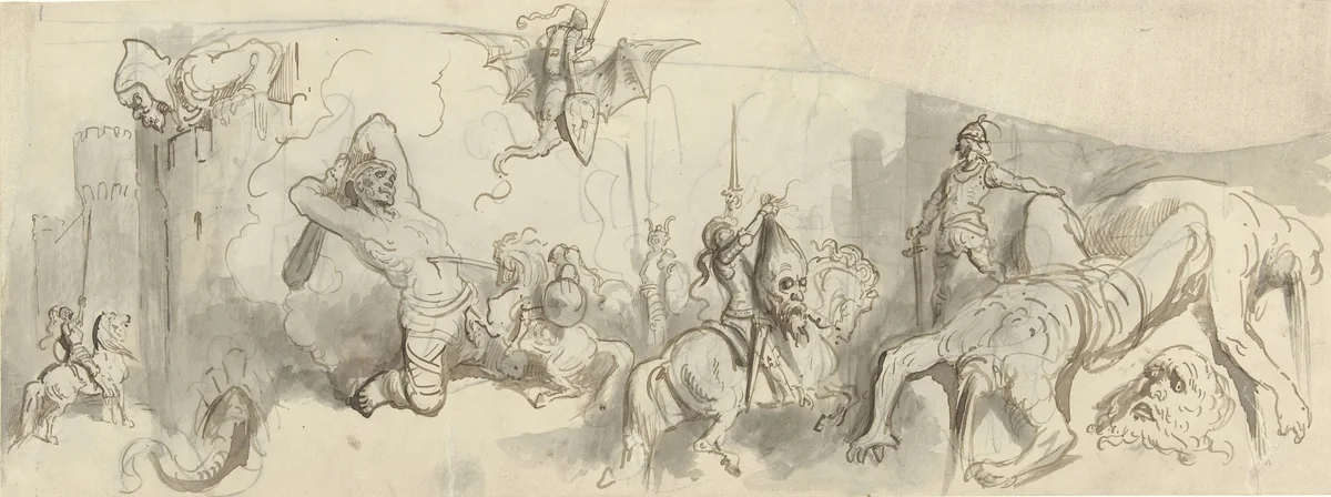 Gevecht tussen ridders en reuzen by Gustave Doré, drawing, 1842-1883
