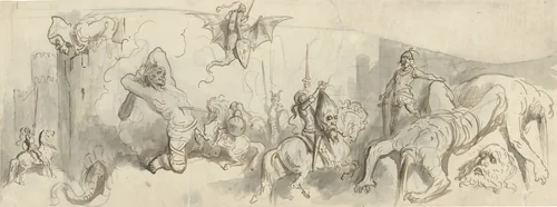 Gevecht tussen ridders en reuzen by Gustave Doré, drawing, 1842-1883