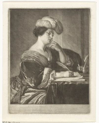 Portret van een schrijvende vrouw by Carel de Moor, print, 1666-1738