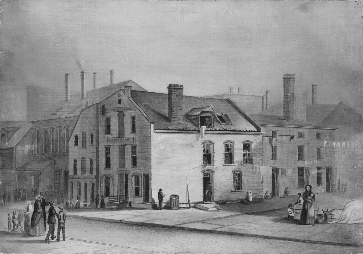 Old Brewery, Five Points Mission, New York by F. A. Mead, artwork, 1870
