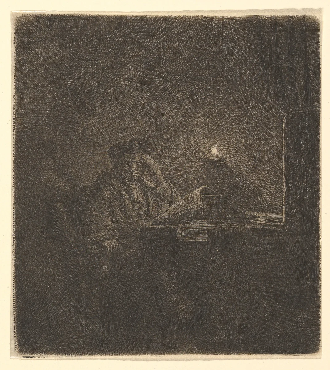 Student at a Table by Candlelight by Rembrandt van Rijn, print, 1642