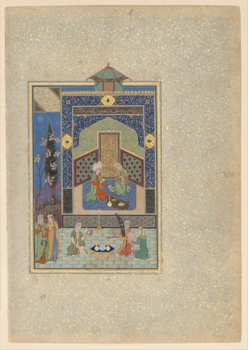 "Bahram Gur in the Turquoise Palace on Wednesday", Folio 216 from a Khamsa (Quintet) of Nizami of Ganja by Nizami, manuscript, 1500-1550