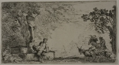 Satyr Resting beneath a Herm by Giovanni Benedetto Castiglione, print, 1645-1647