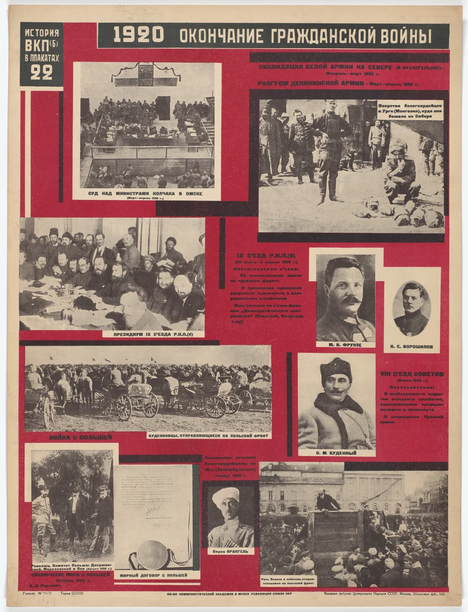 The End of the Civil War, 1920 (1920 Okonchanie grazhdanskoi voiny). Poster no. 22 of 25 from the series The History of the All-Union Communist Party (of Bolsheviks) in Posters (lstoria VKP[b] v plakatakh) by Aleksandr Rodchenko, print, 1926
