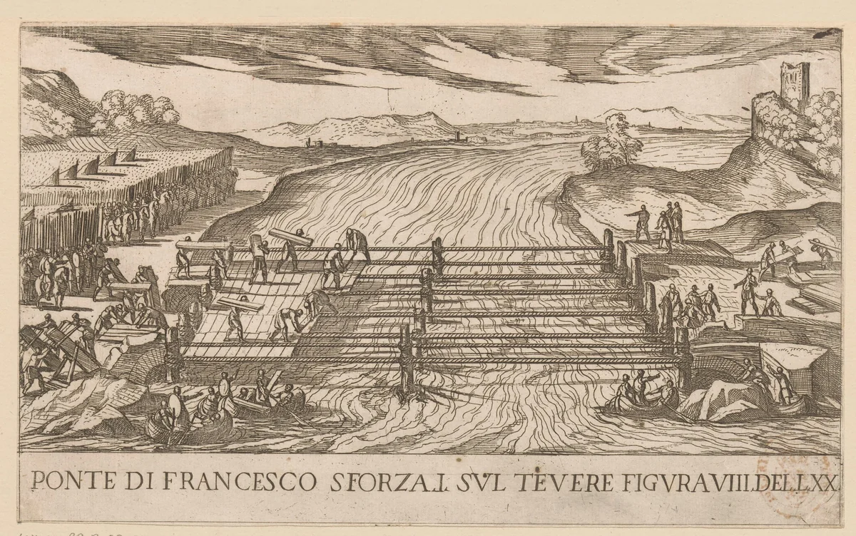 Francesco Sforza steekt de rivier de Tiber over by Unknown, print, 1565-1630