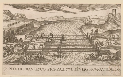 Francesco Sforza steekt de rivier de Tiber over by Unknown, print, 1565-1630