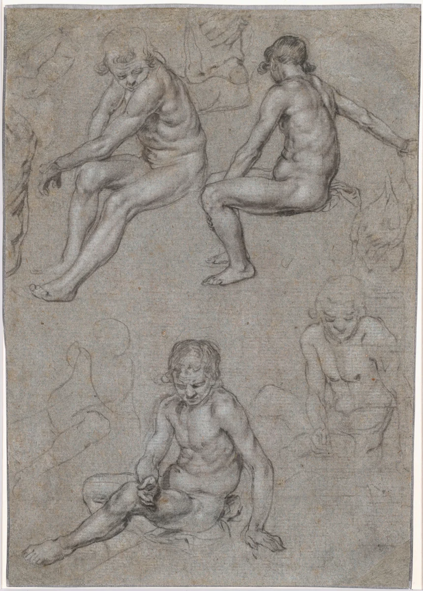 Studies of a Naked Seated Boy by Jacob de Gheyn II, drawing, 1598-1608
