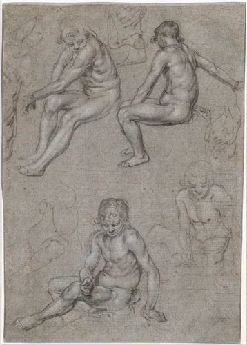 Studies of a Naked Seated Boy by Jacob de Gheyn II, drawing, 1598-1608