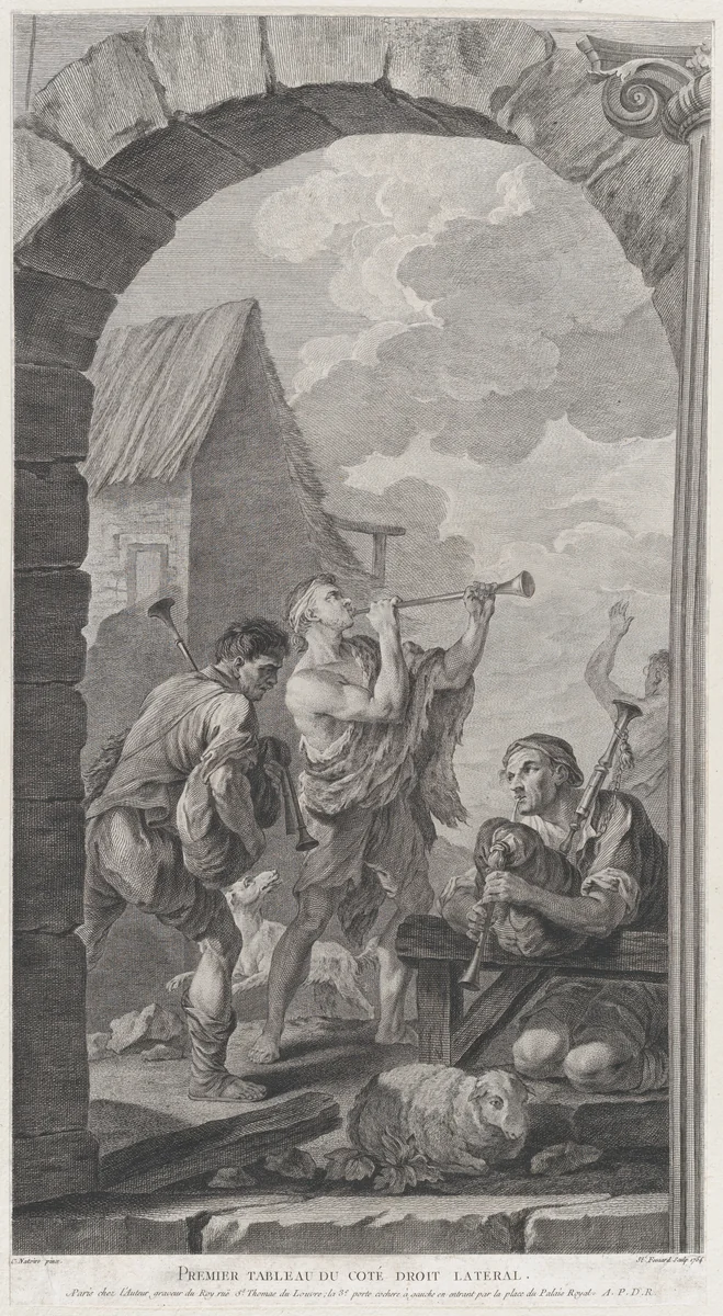 The Chapel of the Enfants-Trouvés in Paris: Groupe des bergers: joueurs de trompes et de musette by Etienne Fessard, print, 1754
