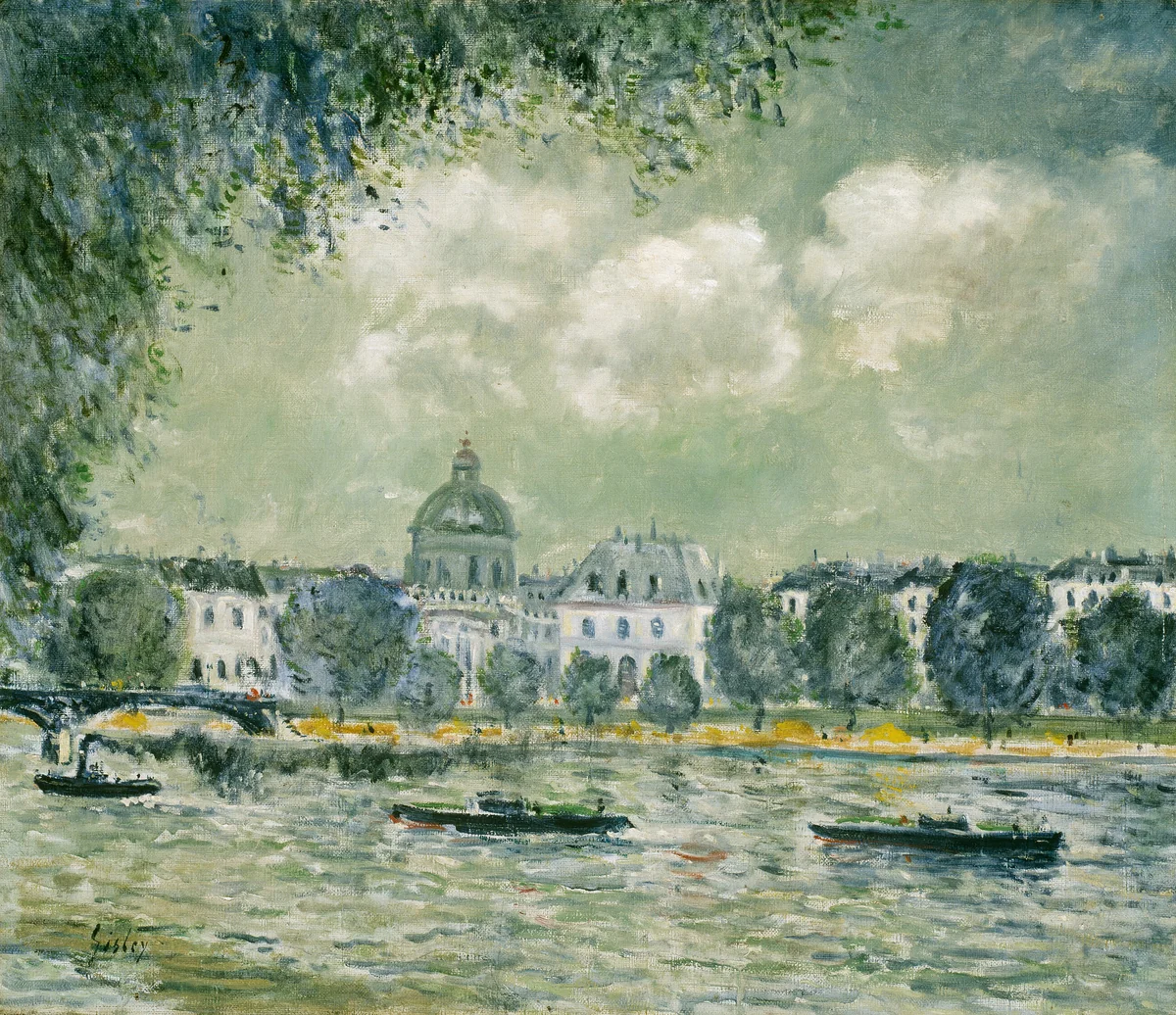 Landscape along the Seine with the Institut de France and the Pont des Arts by Alfred Sisley, painting, 1870-1880