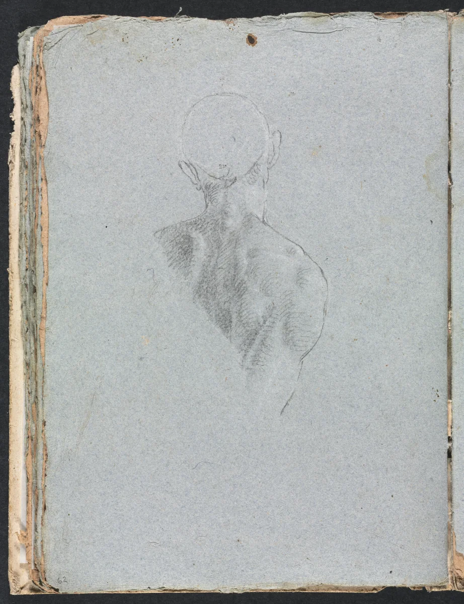 Verona Sketchbook: Male nude head and shoulders from behind (page 62) by Francesco Lorenzi, book, 1760