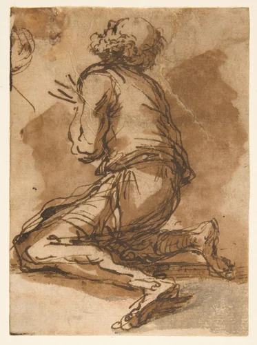 Old Man Kneeling Facing Upper Left by Salvator Rosa, drawing, 1615-1673