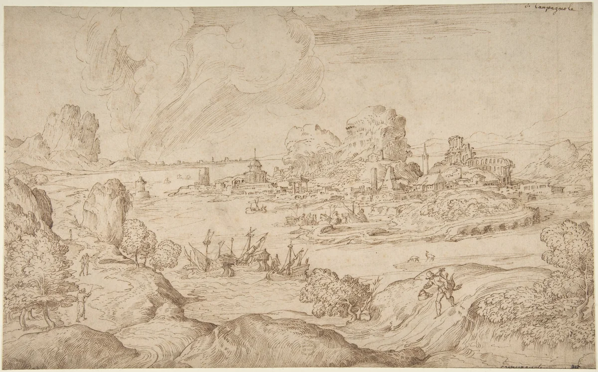 Imaginary Coastal Landscape with Ruins by Domenico Campagnola, drawing, 1500-1564