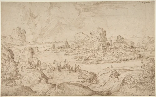 Imaginary Coastal Landscape with Ruins by Domenico Campagnola, drawing, 1500-1564