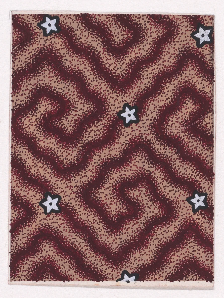 Textile Design with Alternating Rows of Rosettes with Triangular Petals over a Labyrinth-Like Pattern by anonymous, drawing, 1840