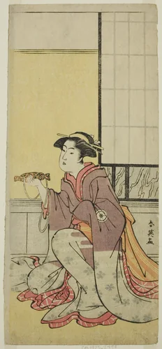The Actor Iwai Hanshiro IV as Yae (?), in the Play Sugawara Denju Tenarai Kagami (?), Performed at the Kiri Theater (?) in the Seventh Month, 1788 (?) by Katsukawa Shun'ei (勝川春英), print, 1783-1793