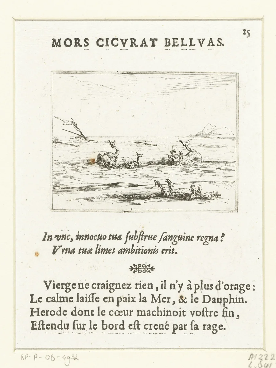 Drie dolfijnen en een dode krokodil by Jacques Callot, print, 1625-1629