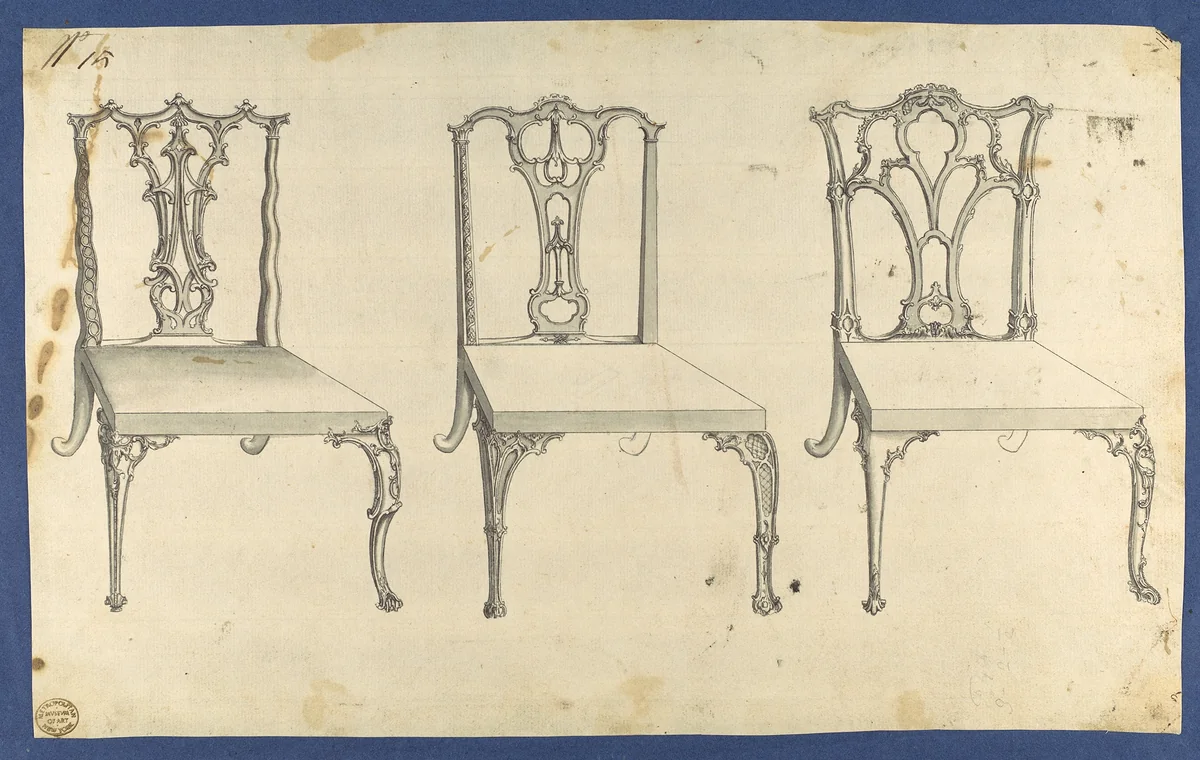 Three Chairs, in Chippendale Drawings, Vol. I by Thomas Chippendale, drawing, 1753