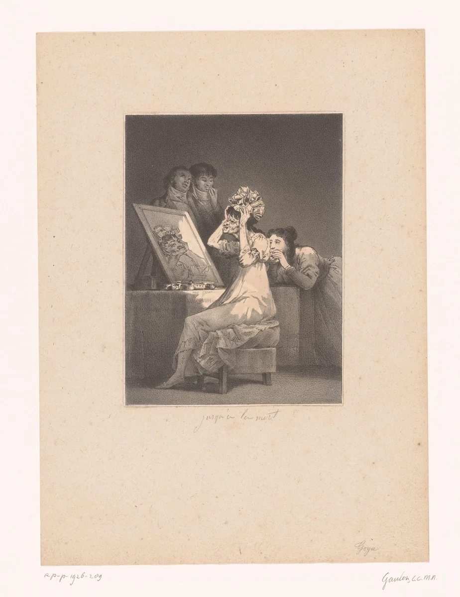 Karikatuur van een oude vrouw voor de spiegel by Cyprien Charles Marie Nicolas Gaulon, print, 1824