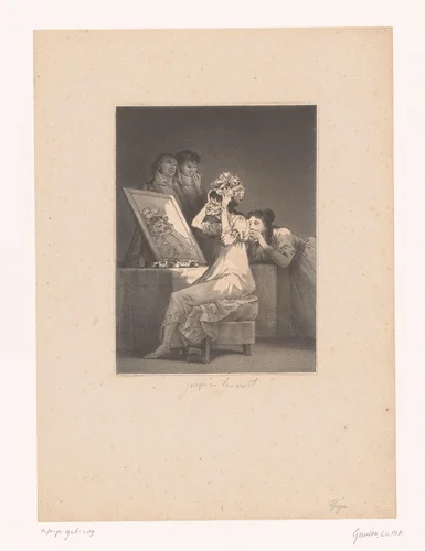 Karikatuur van een oude vrouw voor de spiegel by Cyprien Charles Marie Nicolas Gaulon, print, 1824