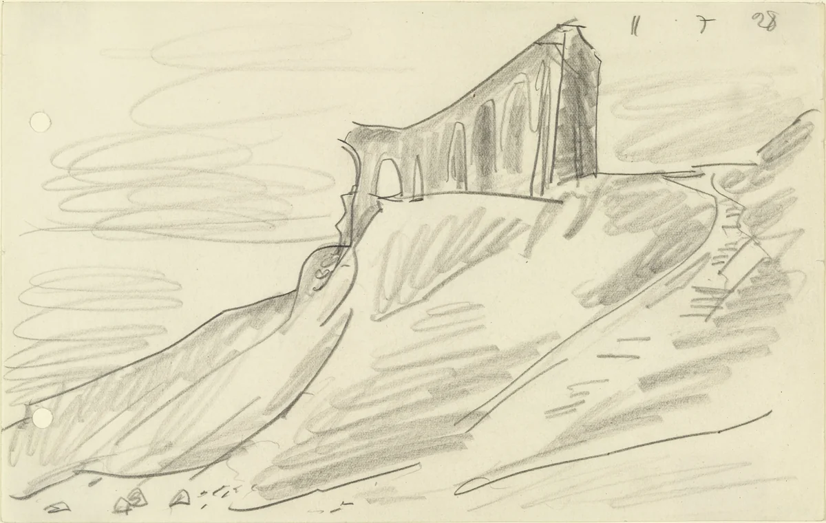 Ruins on the Cliff by Lyonel Feininger, drawing, 1928