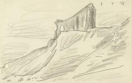 Ruins on the Cliff by Lyonel Feininger, drawing, 1928