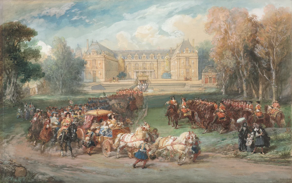 Louis XIV Driving his Coach in the Park of Versailles by Eugène Louis Lami, drawing, 1870