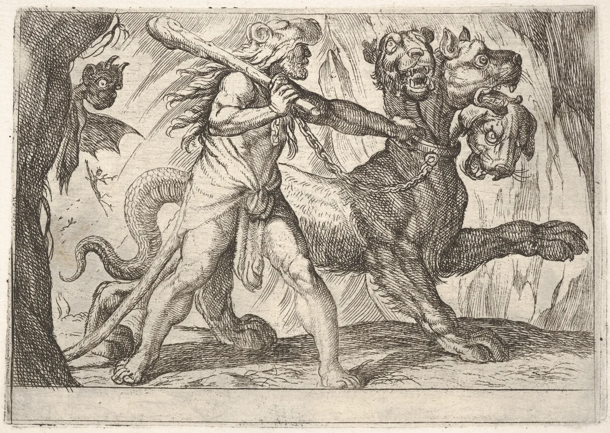 Hercules and Cerberus: Hercules grasps the collar of Cerberus, two demons appear at left, from "The Labors of Hercules" by Antonio Tempesta, print, 1608