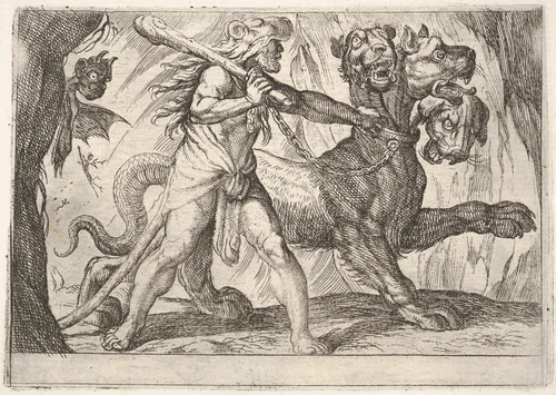 Hercules and Cerberus: Hercules grasps the collar of Cerberus, two demons appear at left, from "The Labors of Hercules" by Antonio Tempesta, print, 1608