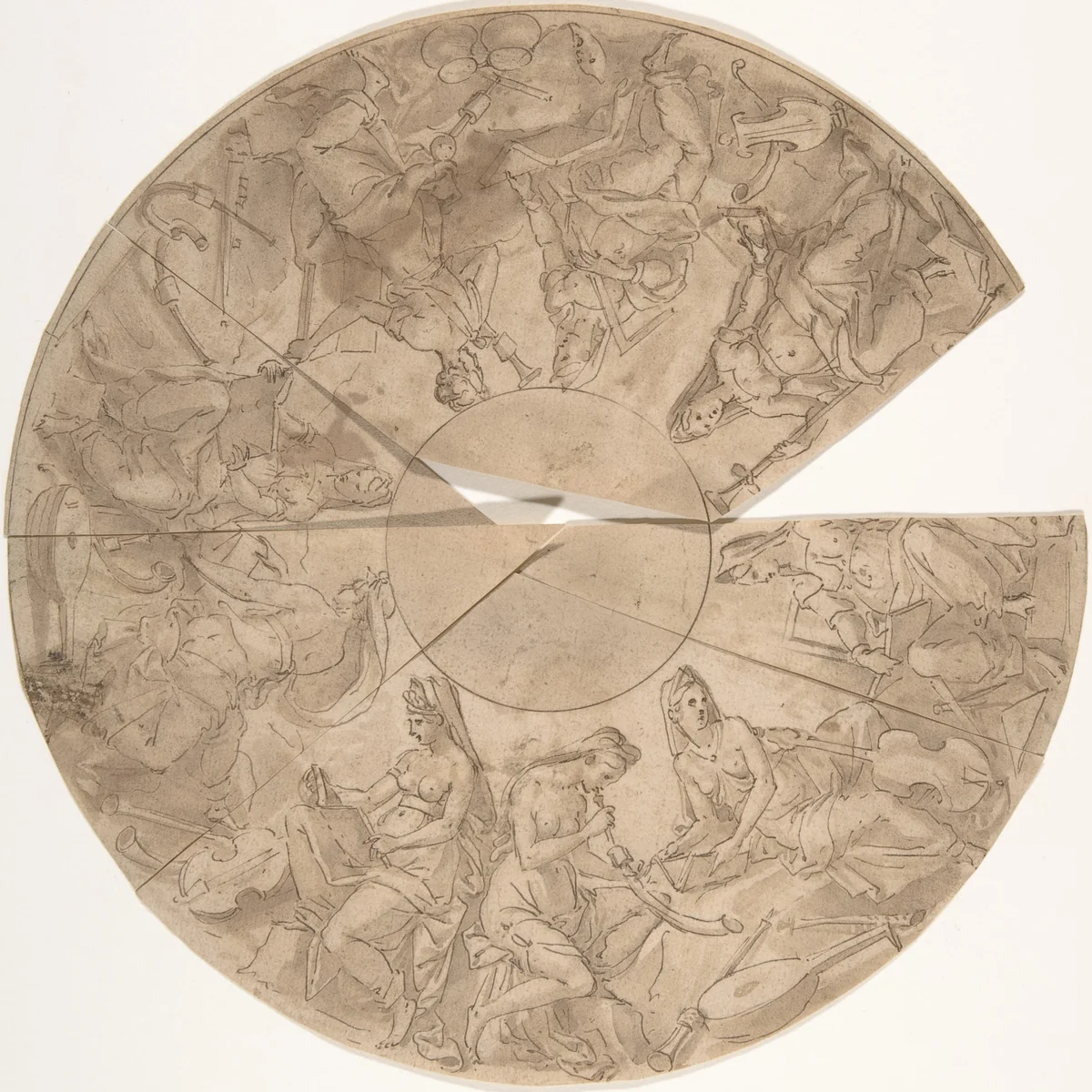 Design for a Circular Border with Nine Female Figures (the Muses?) by Luca Penni, drawing, 1525-1535