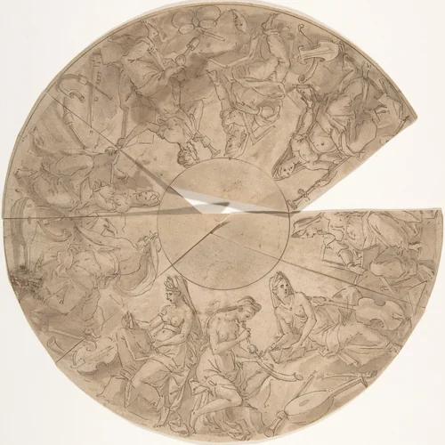 Design for a Circular Border with Nine Female Figures (the Muses?) by Luca Penni, drawing, 1525-1535