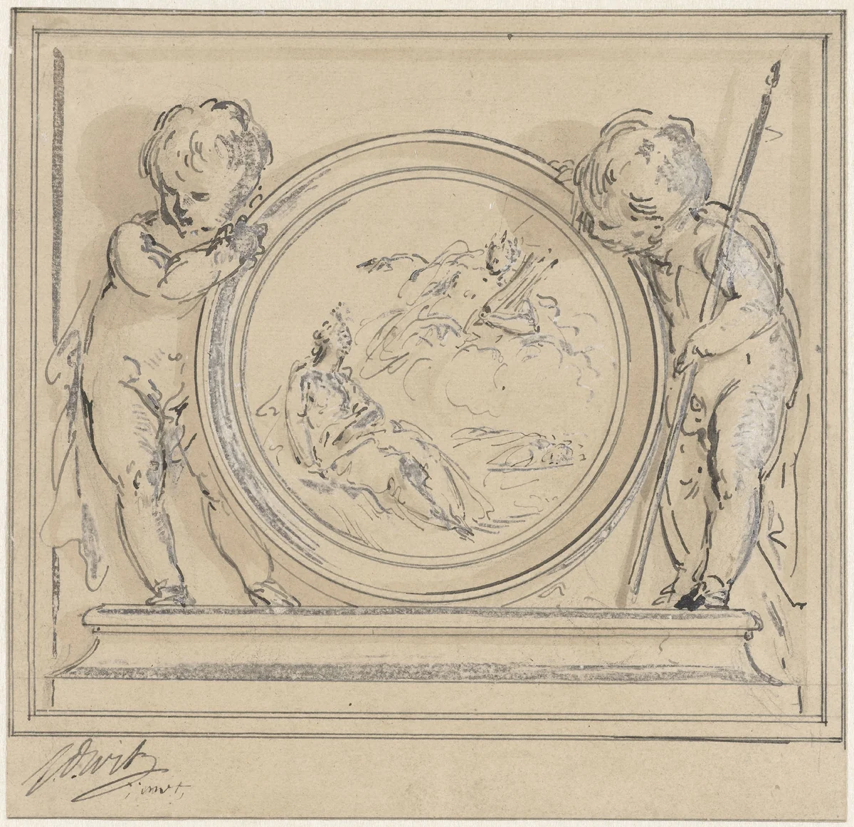 Twee putti met medaillon, waarin de verschijning van Apollo aan de muze by Jacob de Wit, drawing, 1744