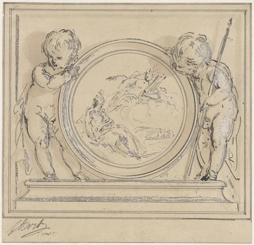 Twee putti met medaillon, waarin de verschijning van Apollo aan de muze by Jacob de Wit, drawing, 1744