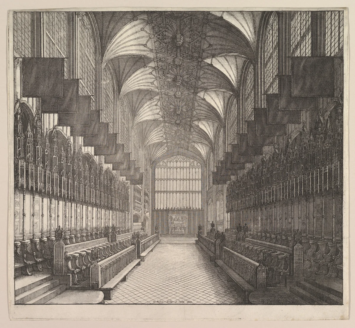 Windsor Castle, St. George's Chapel: Prospect of the Choir, from the West (from Elias Ashmole's "The Order of the Garter," 1672) by Wenceslaus Hollar, print, 1663
