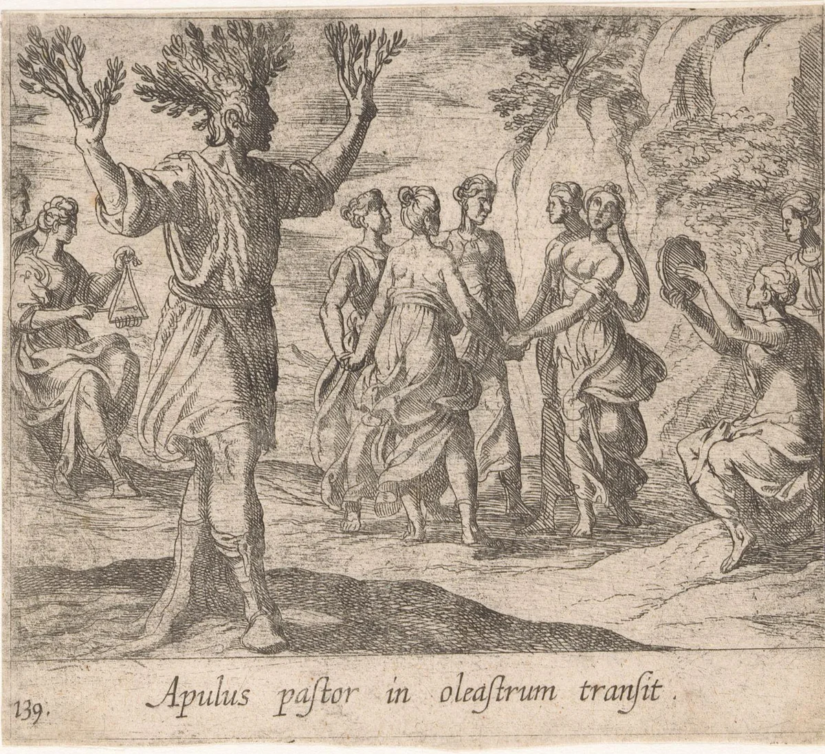 Apulische herder in een olijfboom veranderd by Antonio Tempesta, print, 1606-1638