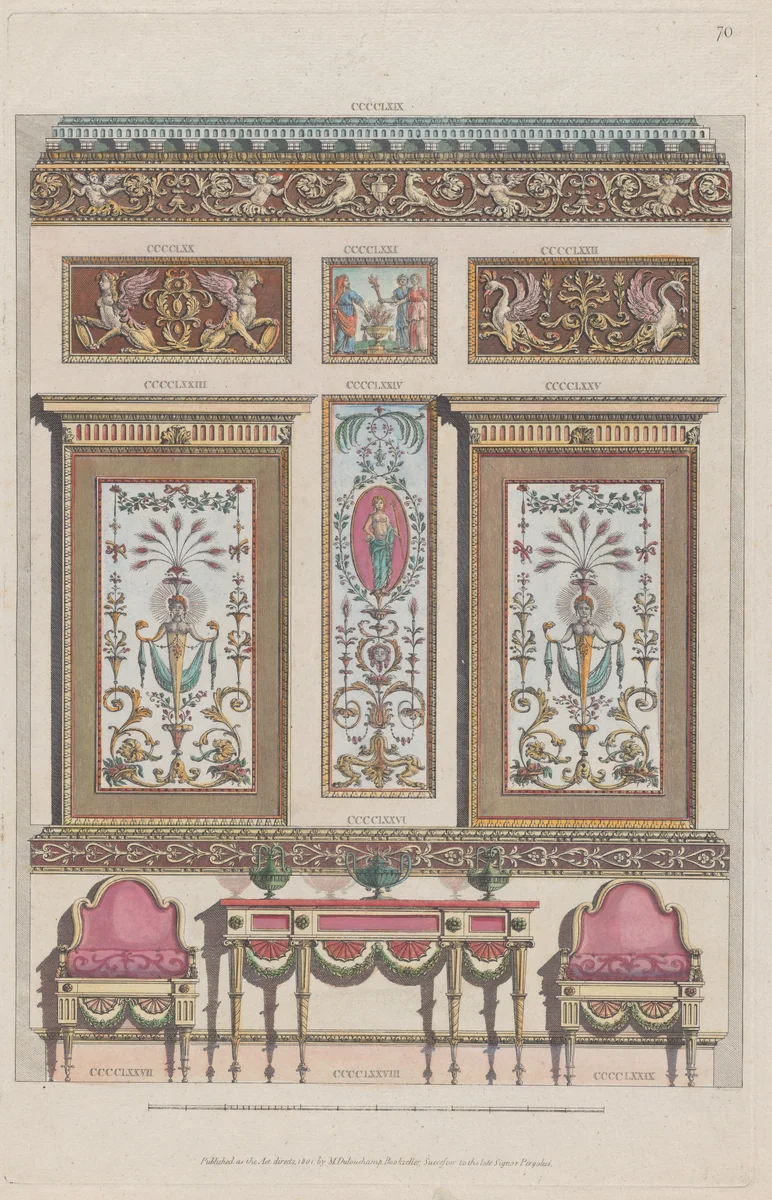 Interior Ornamented Wall, nos. CCCCLXIX–CCCCLXXIX, plate 70 from "Designs for Various Ornaments" by Michelangelo Pergolesi, print, 1801