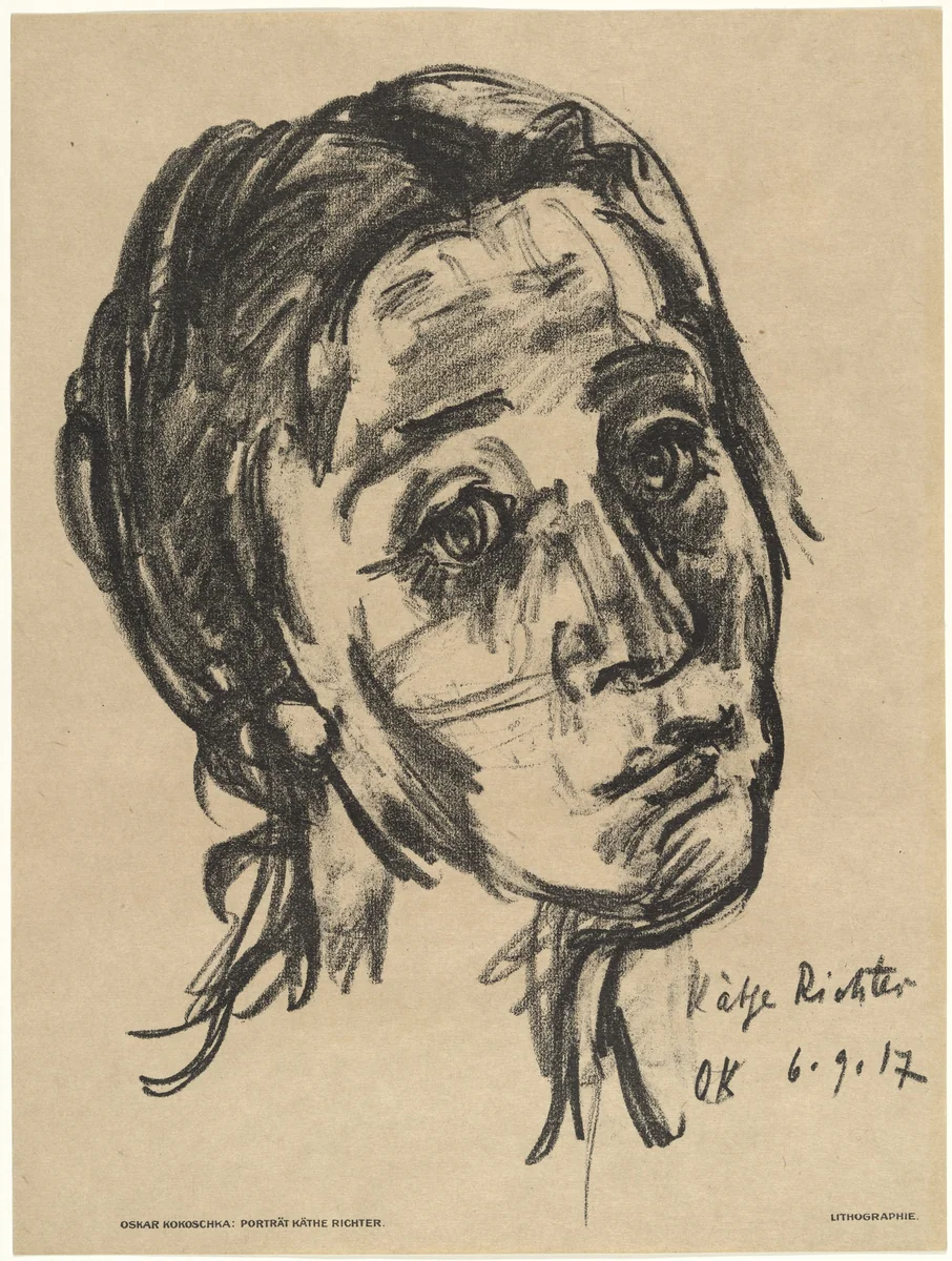 Käthe Richter (Head, Slightly Tilted Back) [Käthe Richter (Kopf, leicht zurückgeneigt)] (plate, preceding p. 289) from the periodical Das Kunstblatt, vol. 1, no. 10 (Oct 1917) by Oskar Kokoschka, print, 1917