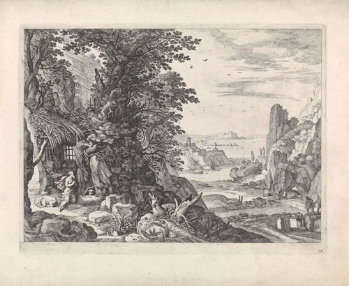 Landschap met de heilige Hieronymus by Guilliam van Nieulandt, print, 1594-1635