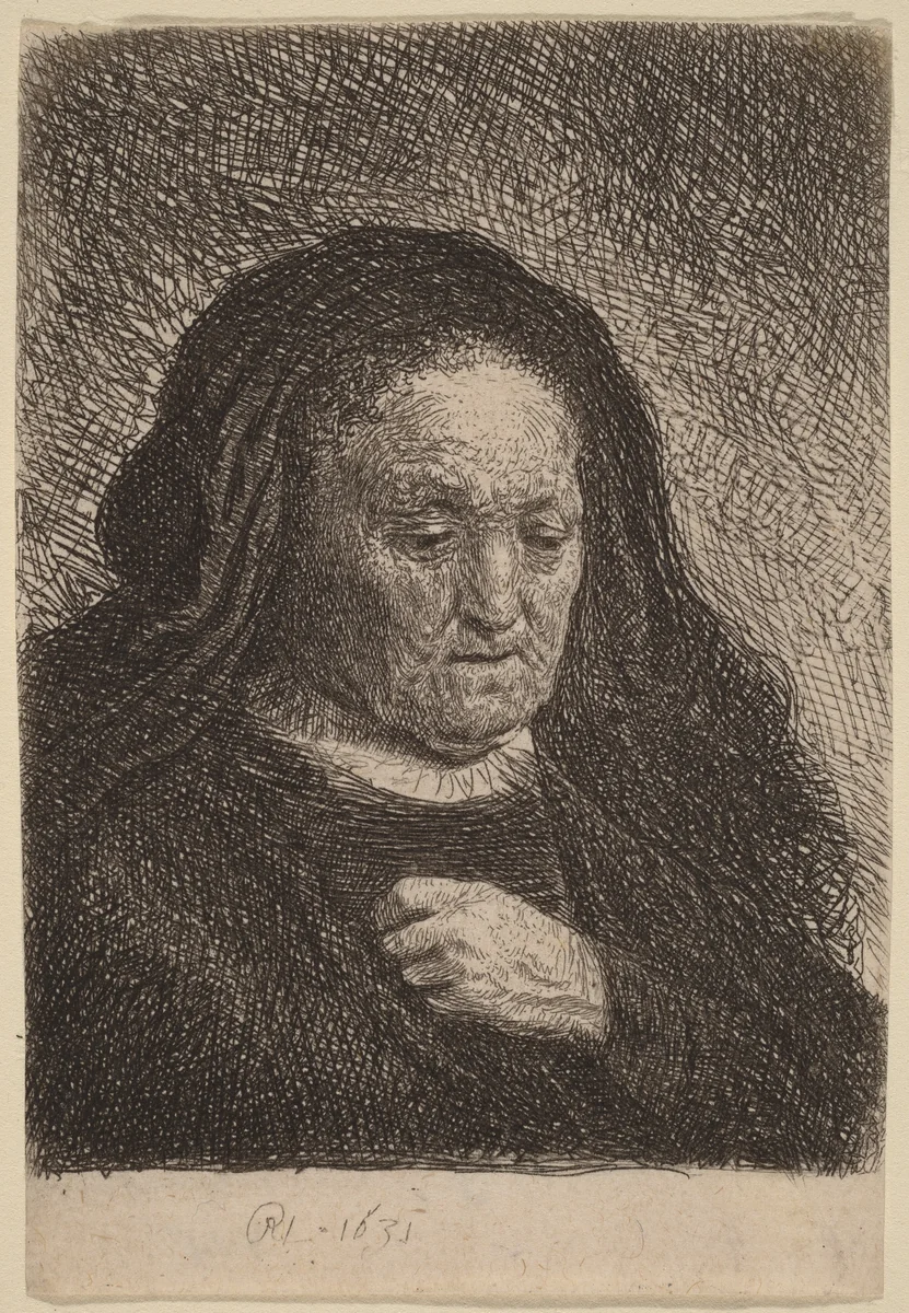 The Artist's Mother with Her Hand on Her Chest by Rembrandt van Rijn, print, 1631